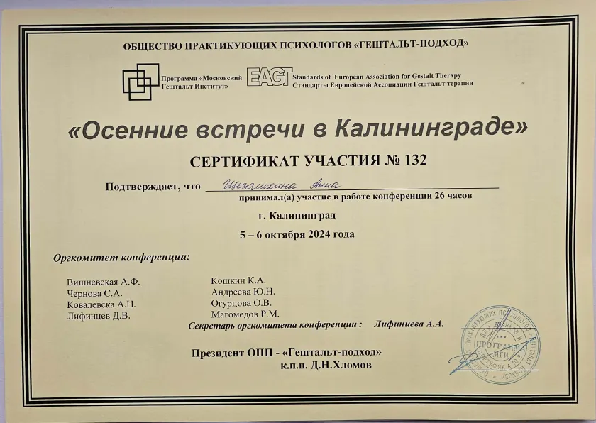 Сертификат психологической конференции 2024, Щеголихина Анна